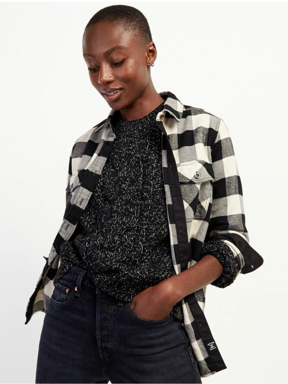 Roots Park Paid Black & White Buffalo Plaid Shirt cotton flannel elbow patches